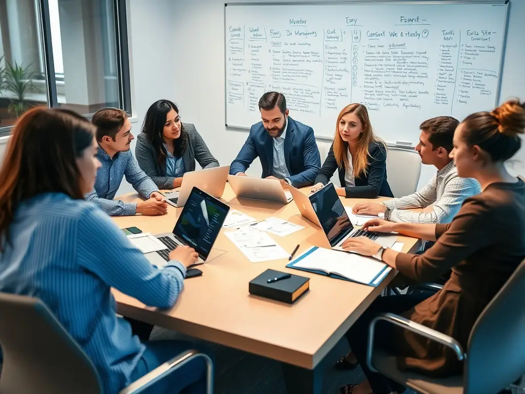 A photograph depicting a team of PR professionals strategizing in a modern office, brainstorming ideas for a media campaign.