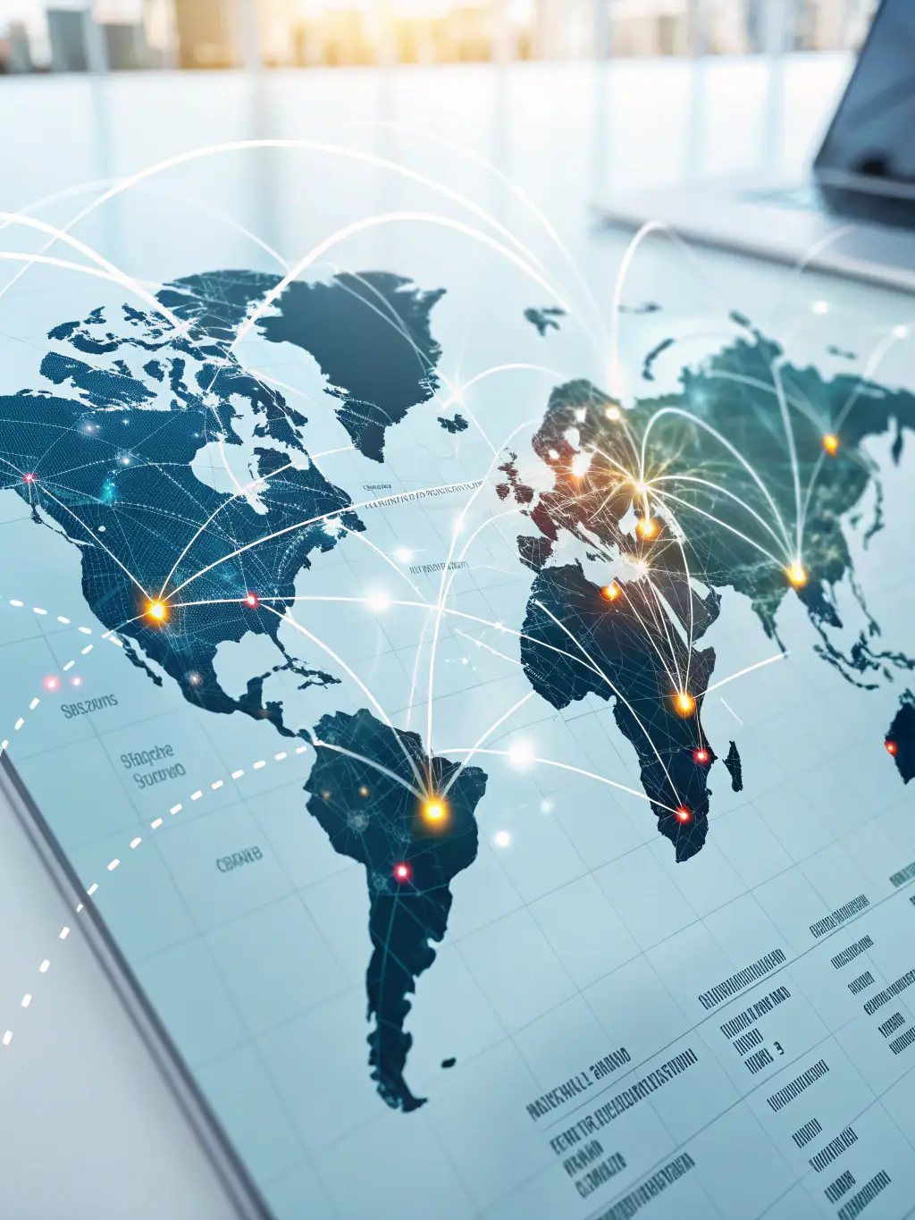 An image illustrating a global map with interconnected financial data points, symbolizing global market research and insights.