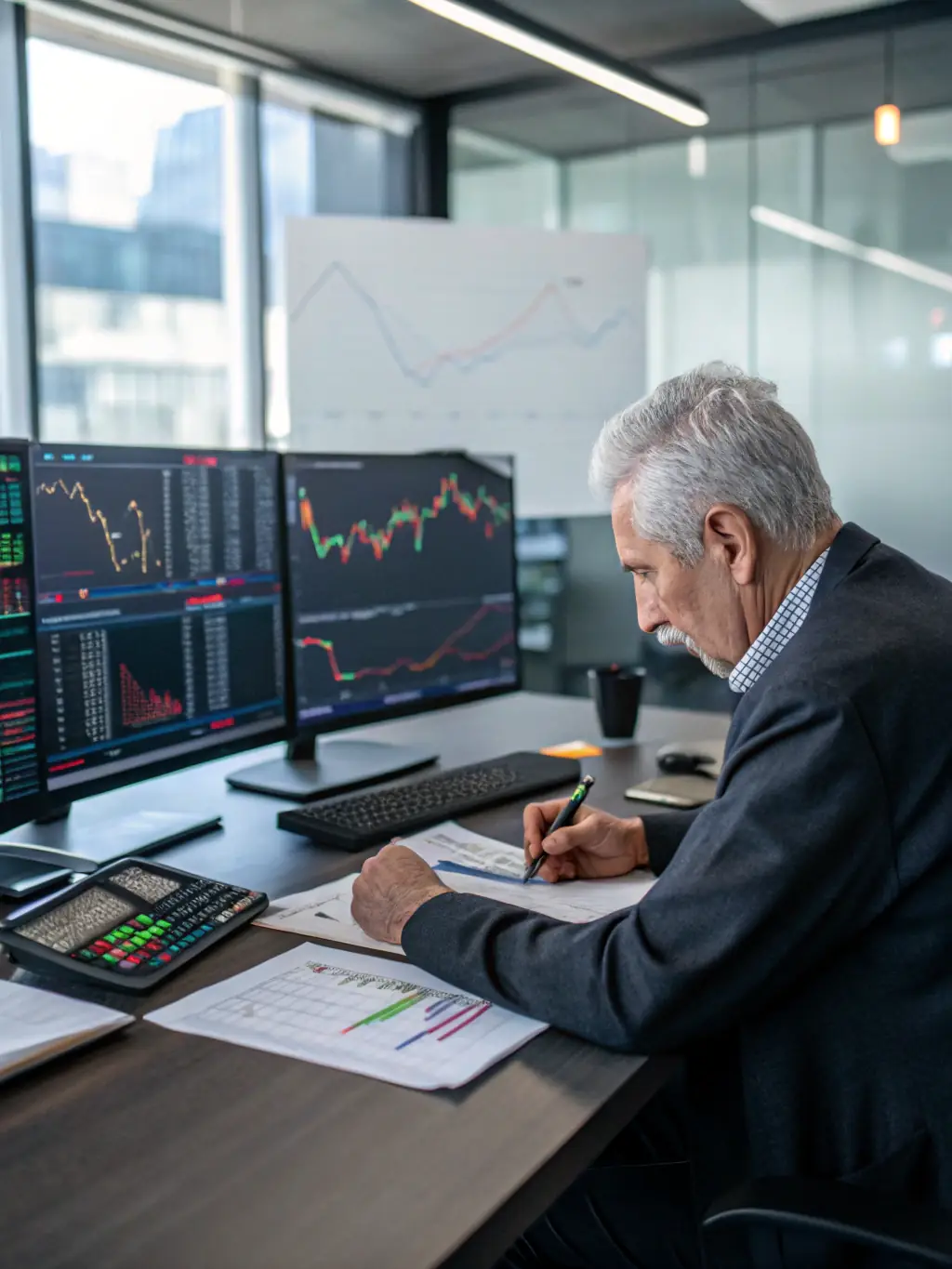 A detailed image of a financial analyst deeply engrossed in studying complex market data on multiple monitors, highlighting the intensity and focus required for financial research.